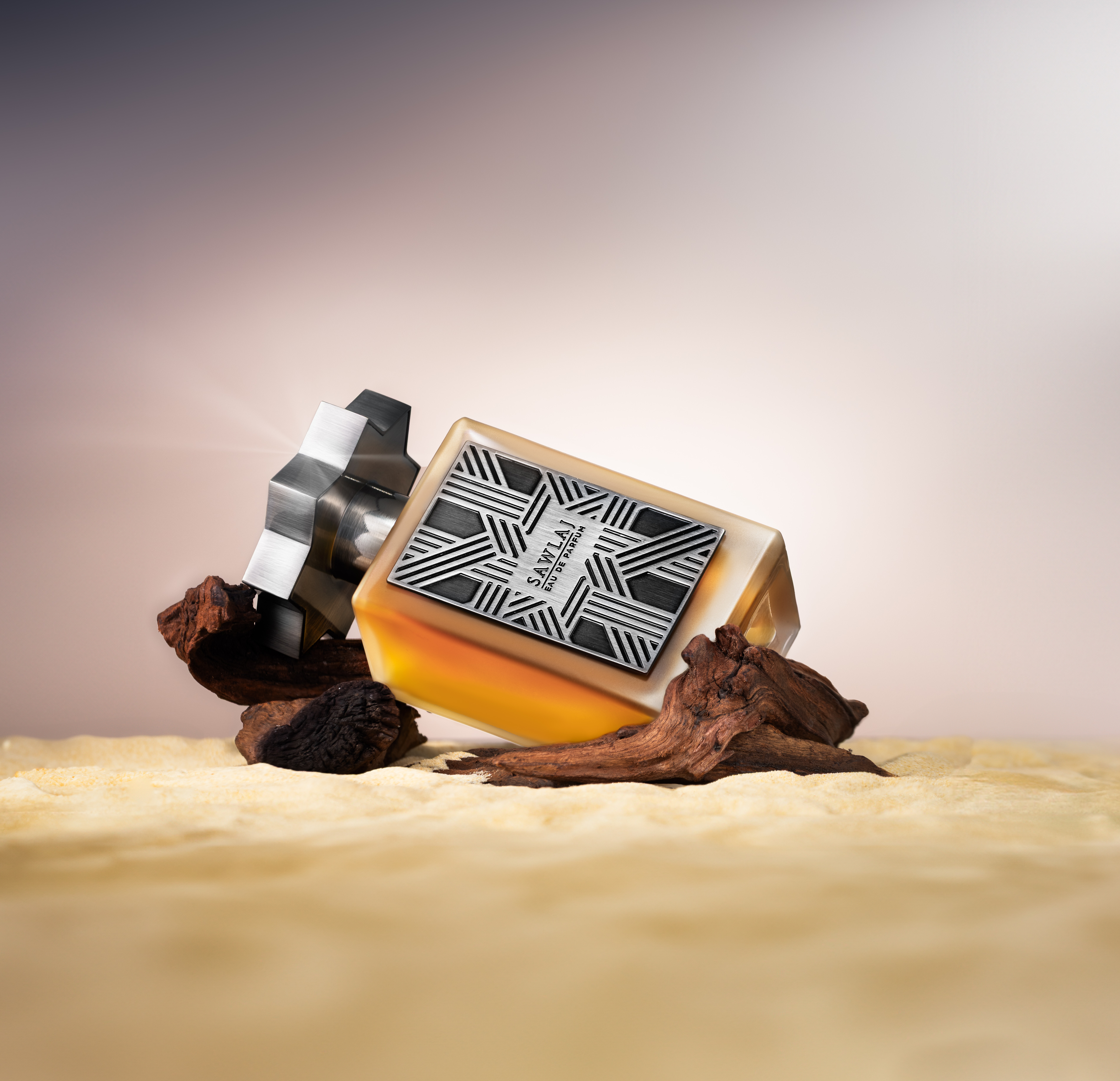 Kajal Sawlaj perfume bottle in a creative still-life composition